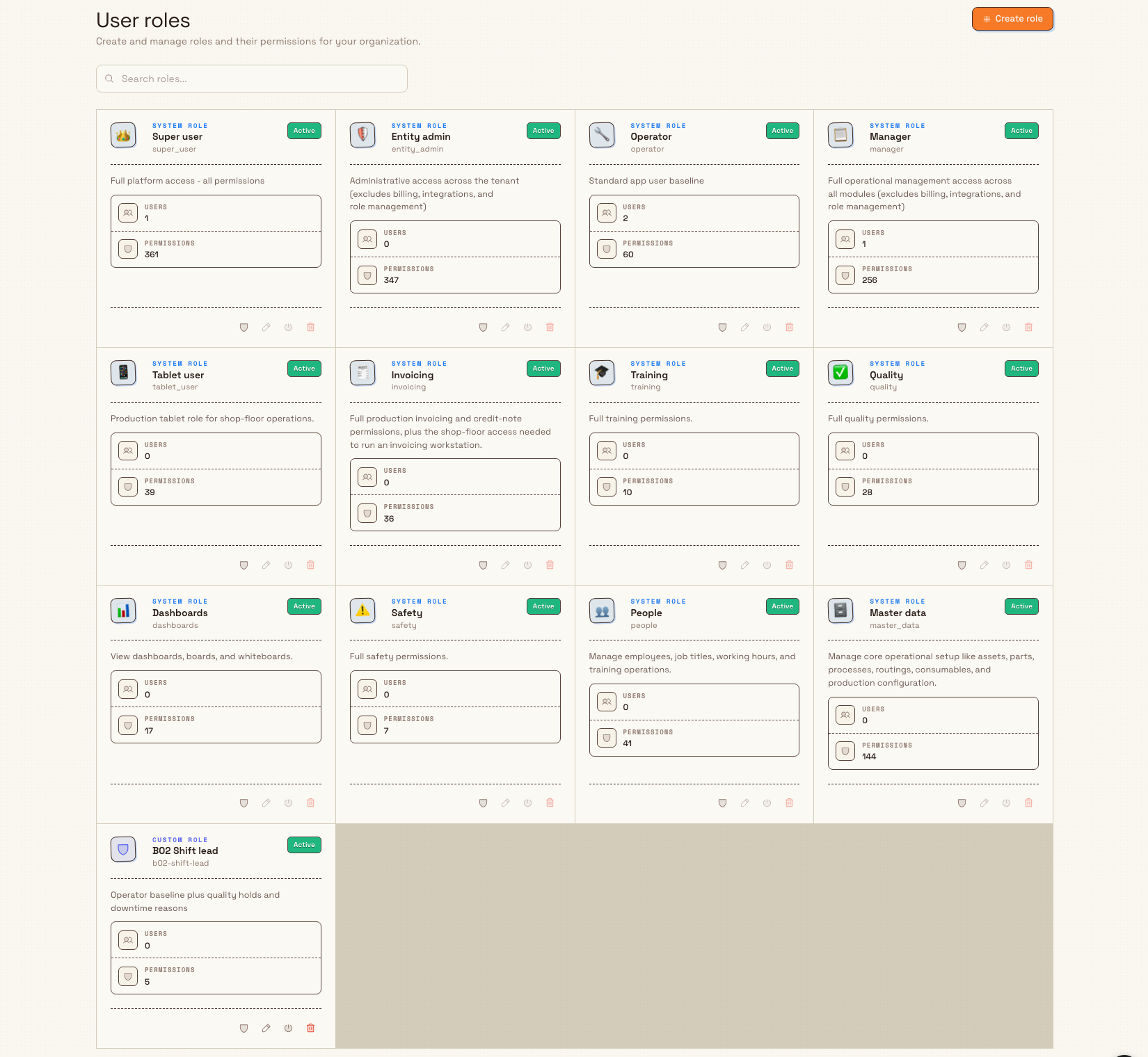 The User roles page showing a grid of role cards, each with a name, a system-or-custom label, and user and permission counts.