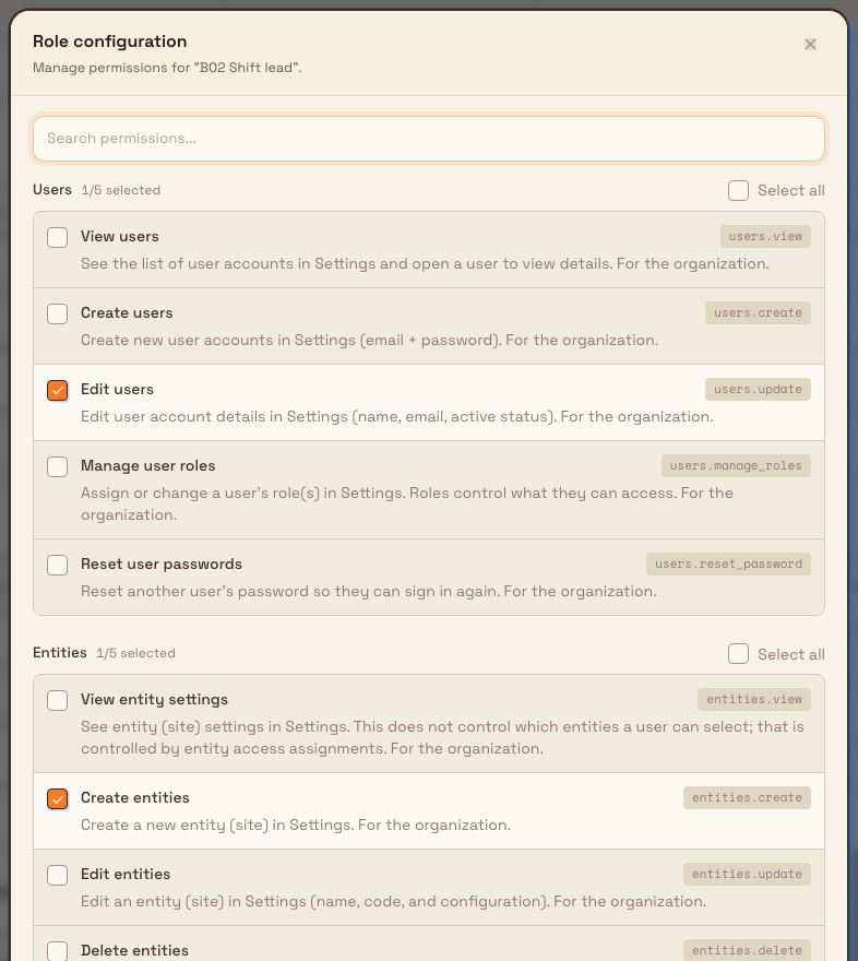 The Role configuration dialog listing permissions grouped by module, each with a checkbox, a label, a description, and a technical name.
