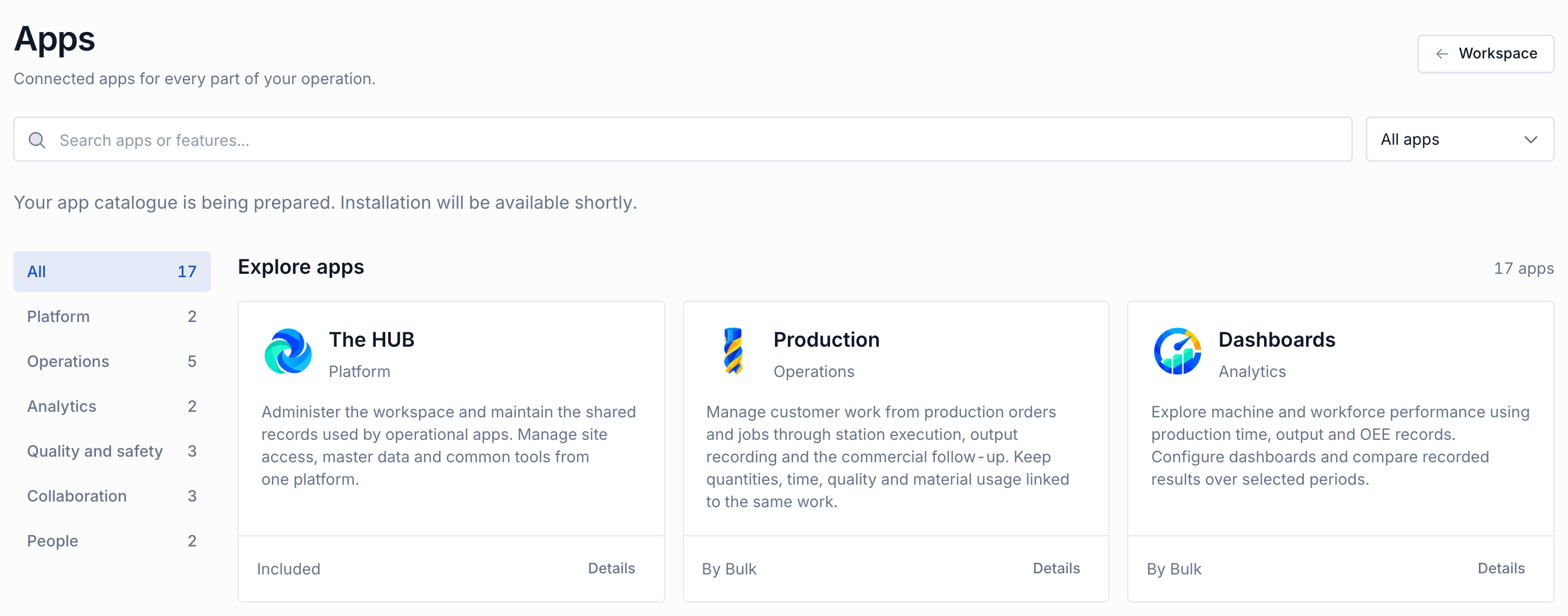 The Apps catalogue with the title Apps, a search box, the status menu set to All apps, category buttons, and app cards.