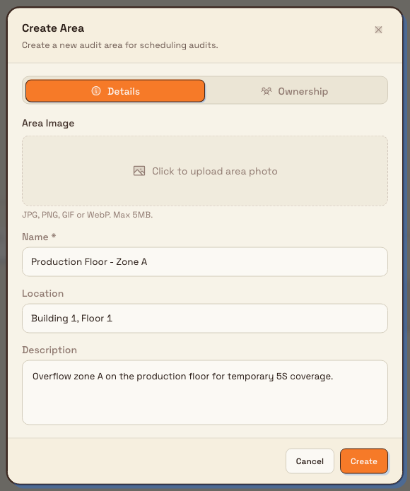 The Create Area dialog on the Details tab with name, location, and description fields.