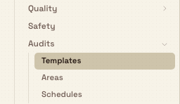The Settings sidebar with the Audits group expanded, listing Templates, Areas, and Schedules.