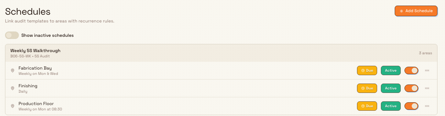 The audit Schedules settings page listing schedules grouped by template, with area rows, cadence summaries, and active toggles.