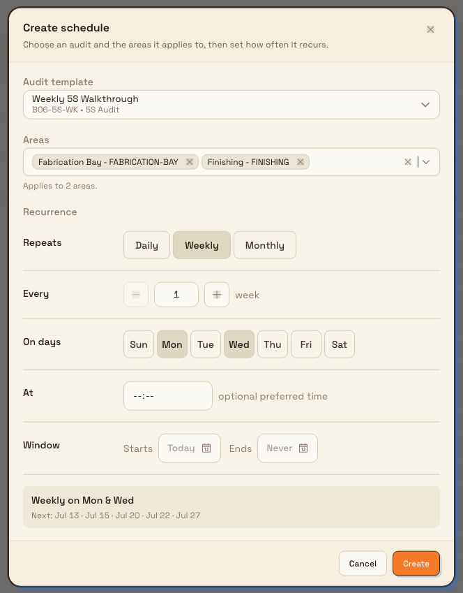 Create schedule dialog with template, areas, weekly recurrence days, and a live cadence preview.