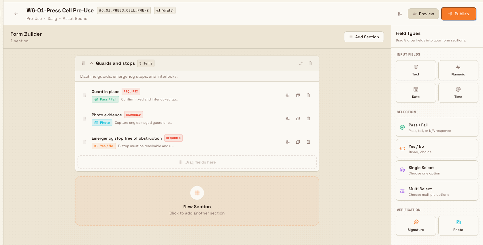 The audit template builder showing the draft header, form sections with check items, and the field types toolbox.