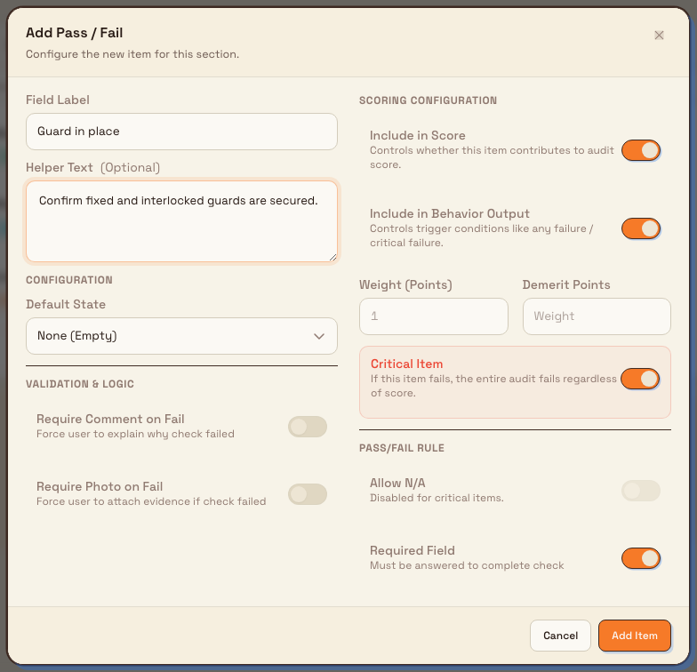 Dialog to add a Pass / Fail audit item with label, helper text, scoring, and required options.