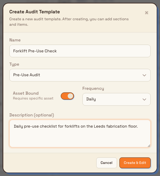 The Create Audit Template dialog with name, type, asset-bound, frequency, and description fields.