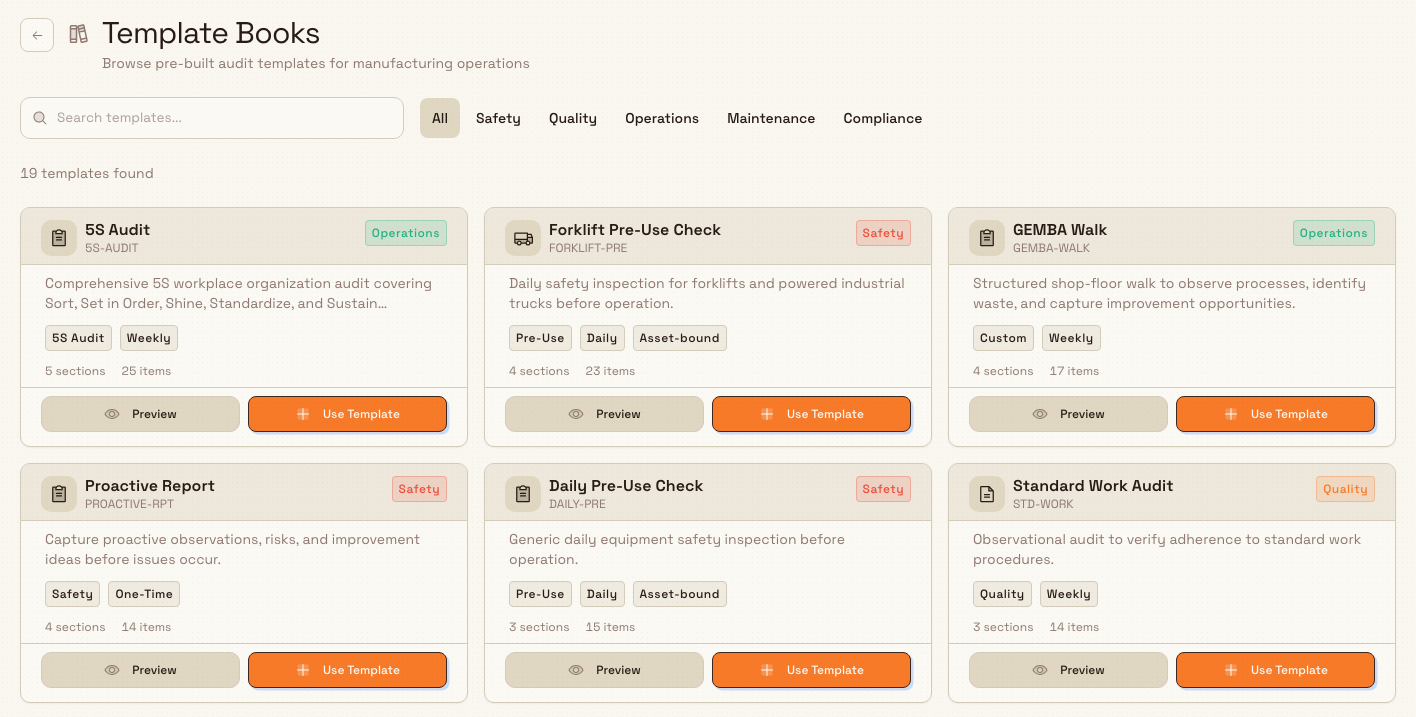 The audit template library with category filters and pre-built template cards.
