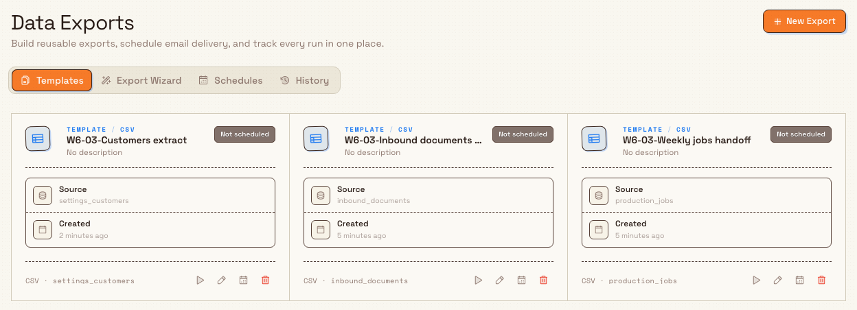 The Data Exports settings page on the Templates tab showing saved export template cards with run, edit, schedule, and delete actions.
