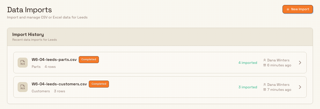The Data Imports settings page showing import history rows with file names, status badges, and row counts.