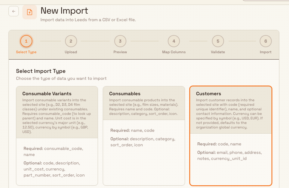 The New Import wizard on the Select Type step with the Customers import type selected.