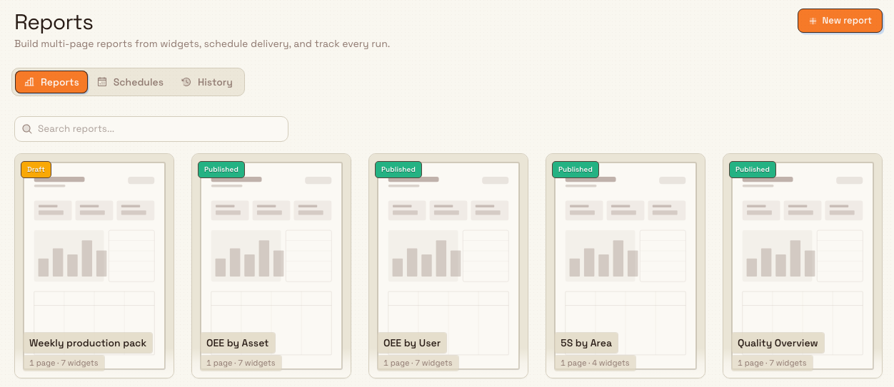 The Reports settings page showing report document cards with draft and published status badges.