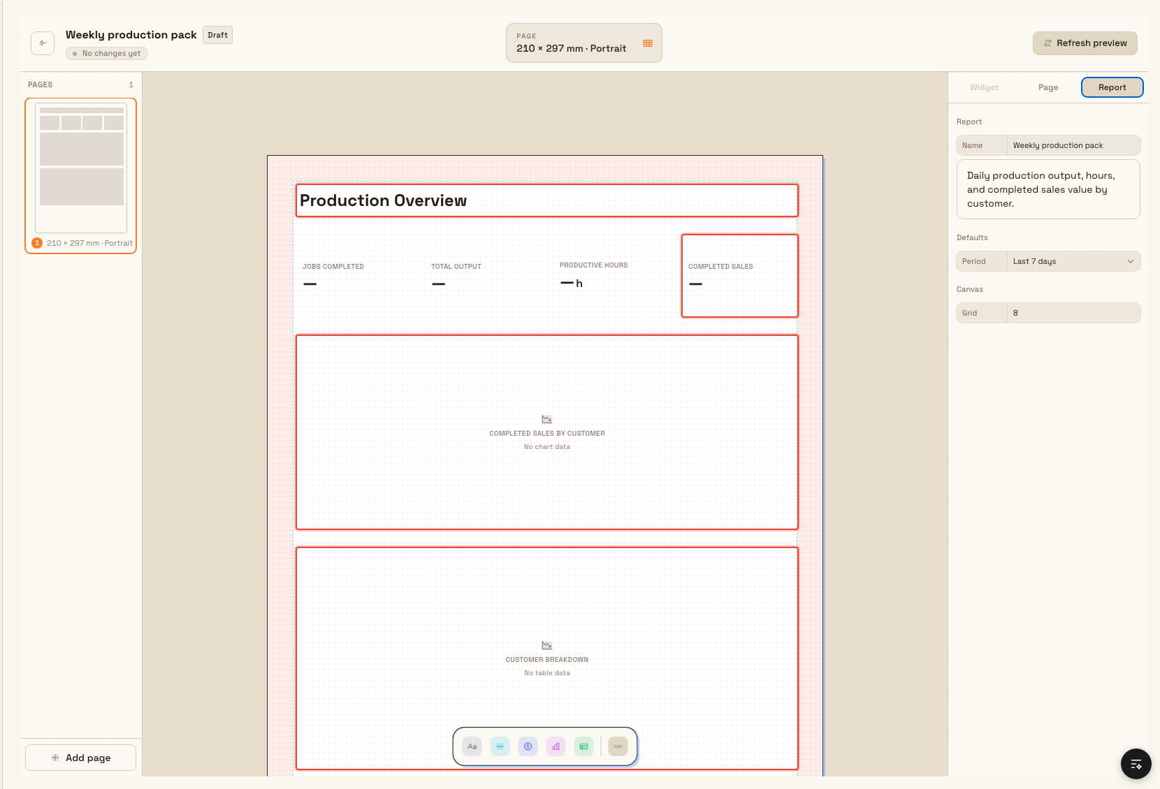 The report builder editor with a draft multi-page layout and the widget dock visible.