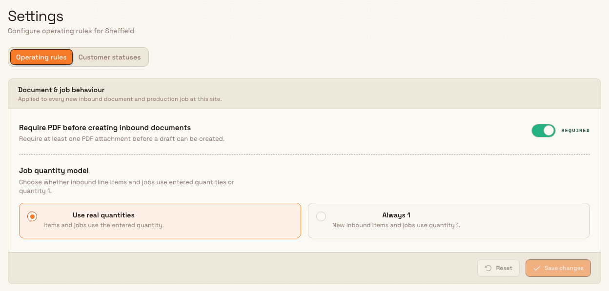 Entity settings Operating rules tab with the Require PDF switch and Job quantity model options.