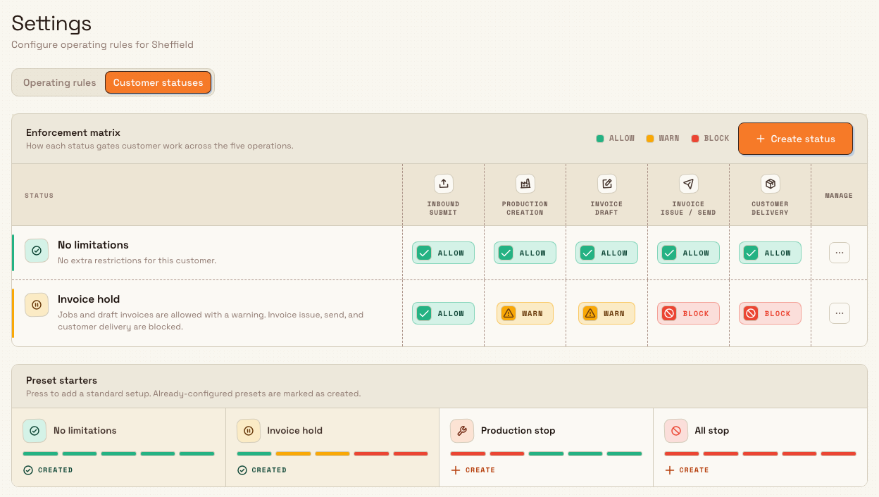 Customer statuses enforcement matrix with Allow, Warn, and Block chips across five operations, and preset starter cards.