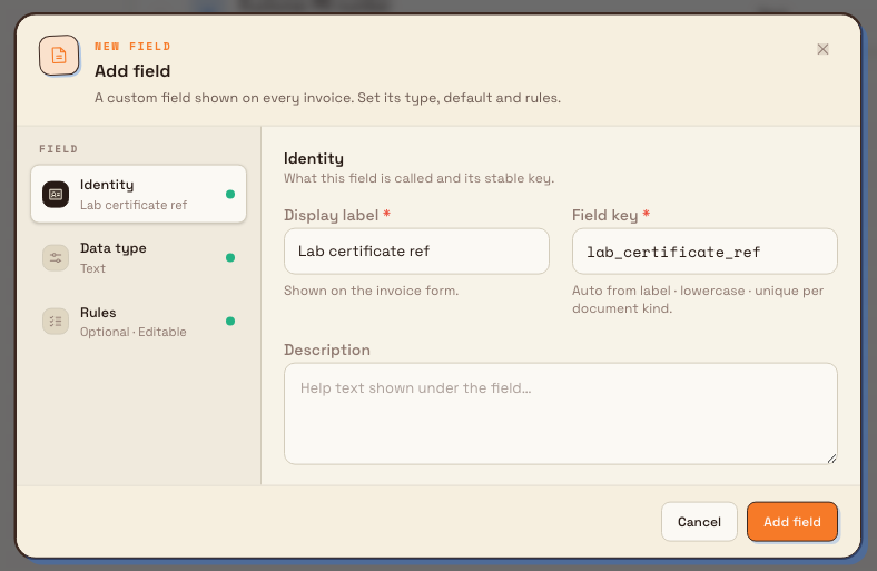 Add field dialog showing Identity, Data type, and Rules sections with Display label Lab certificate ref and a generated key lab_certificate_ref.
