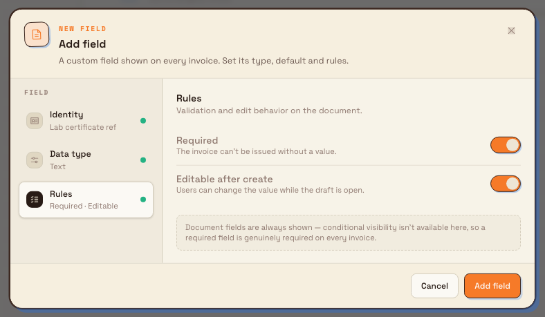 Rules section of the field dialog with Required and Editable after create toggles both switched on.