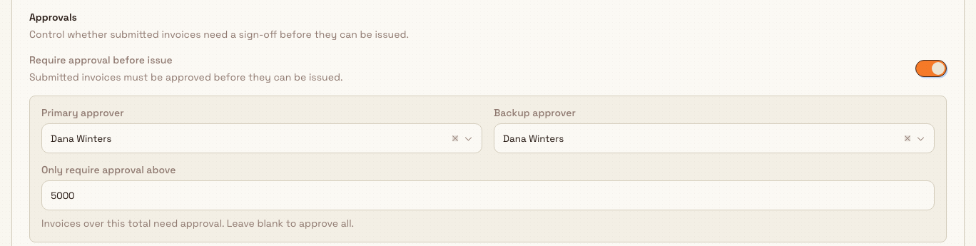 Approvals section with the require-approval switch on, showing primary and backup approver pickers and an amount threshold field.