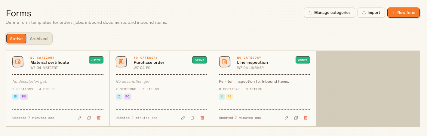 The Forms settings page listing active form templates with inbound scope badges.