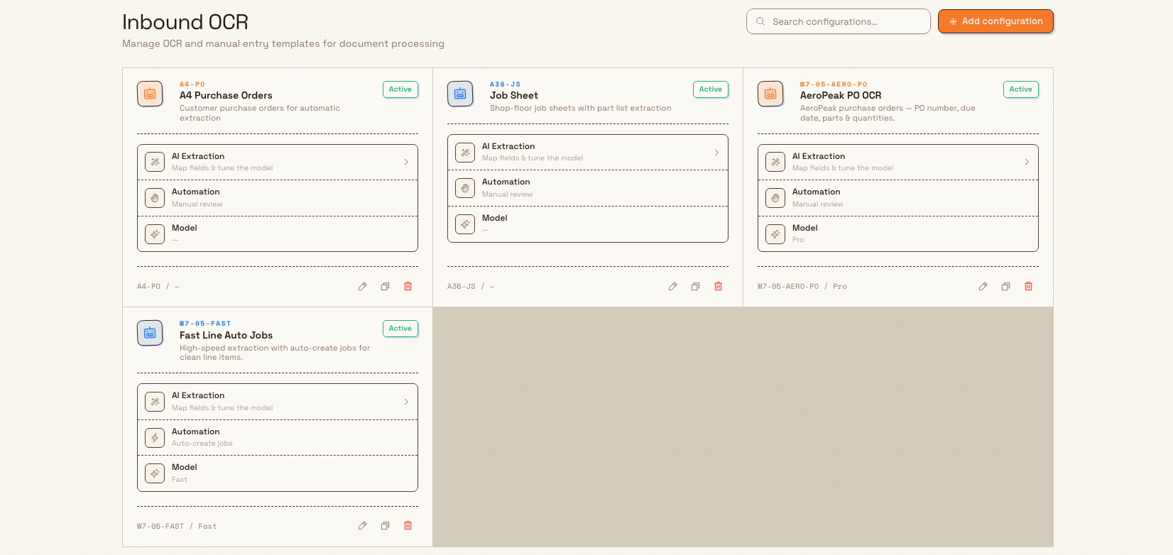 The Inbound OCR settings page with configuration tiles showing AI extraction, automation, and model rows.