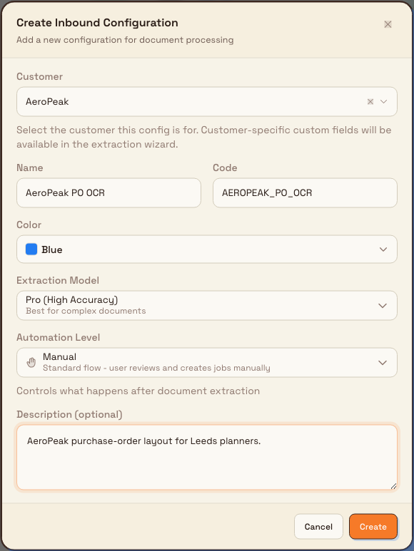 Create Inbound Configuration dialog with customer, name, code, model, and automation fields.