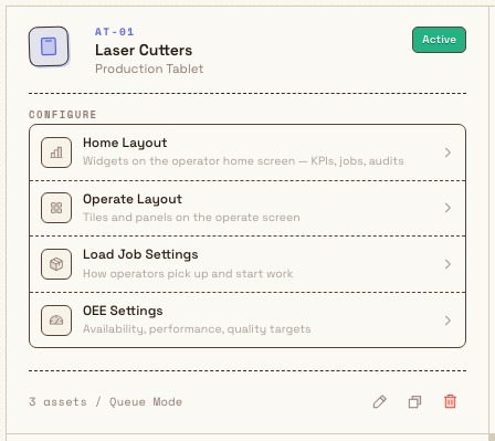 An asset-type card showing a Configure list linking to Home Layout, Operate Layout, Load Job Settings, and OEE Settings.