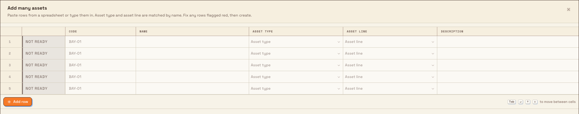 Add many assets dialog with five empty spreadsheet rows and columns for code, name, asset type, asset line, and description.