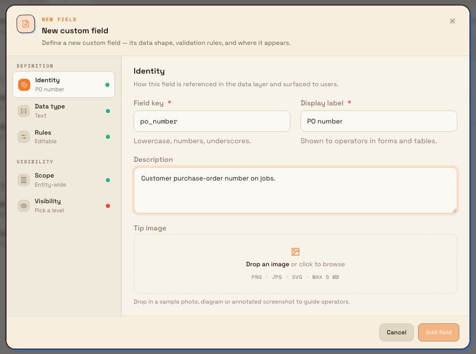 Dialog for creating a new workflow custom field with key and label filled in.