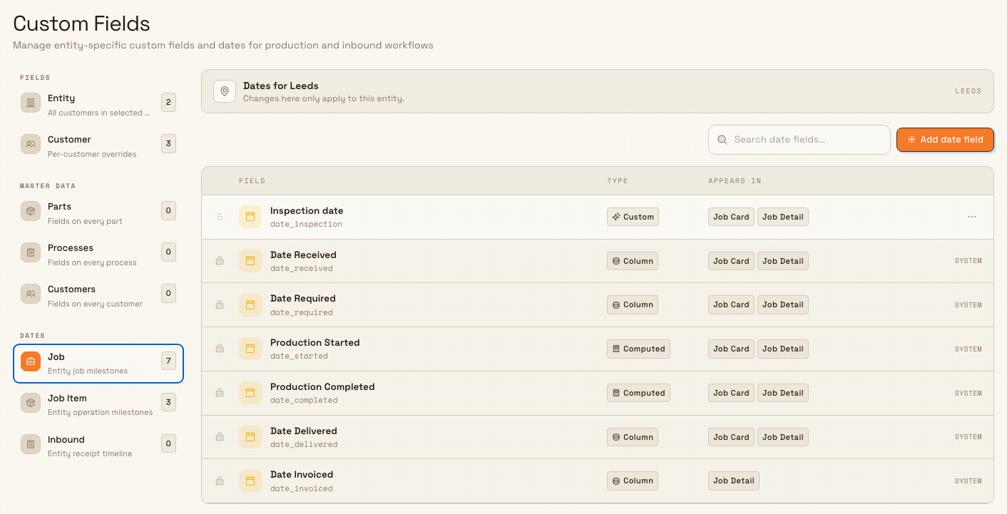 Job date fields list with system milestones locked and a custom date field editable.