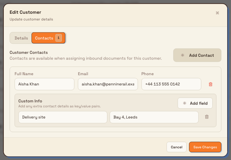 Edit Customer dialog Contacts tab showing a contact with name, email, phone, and a custom info key/value editor.