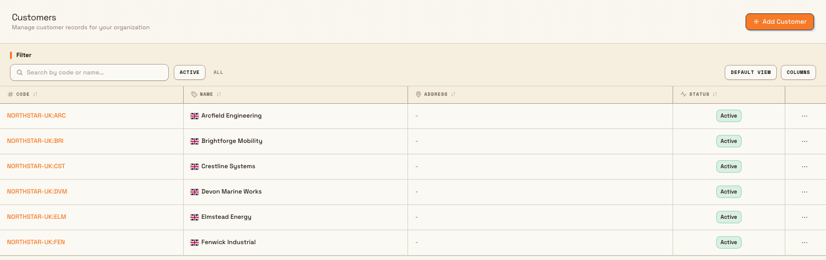 Current Customers grid with six active customer rows, integration codes, currency flags, an Address column, and status badges.