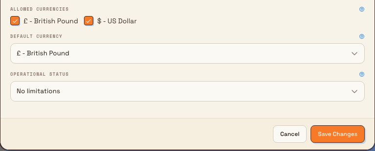 Customer edit controls with British Pound and US Dollar allowed, British Pound as default, and No limitations operational status.