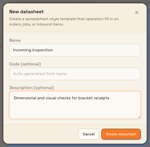 The New datasheet dialog with name, optional code, and optional description fields.