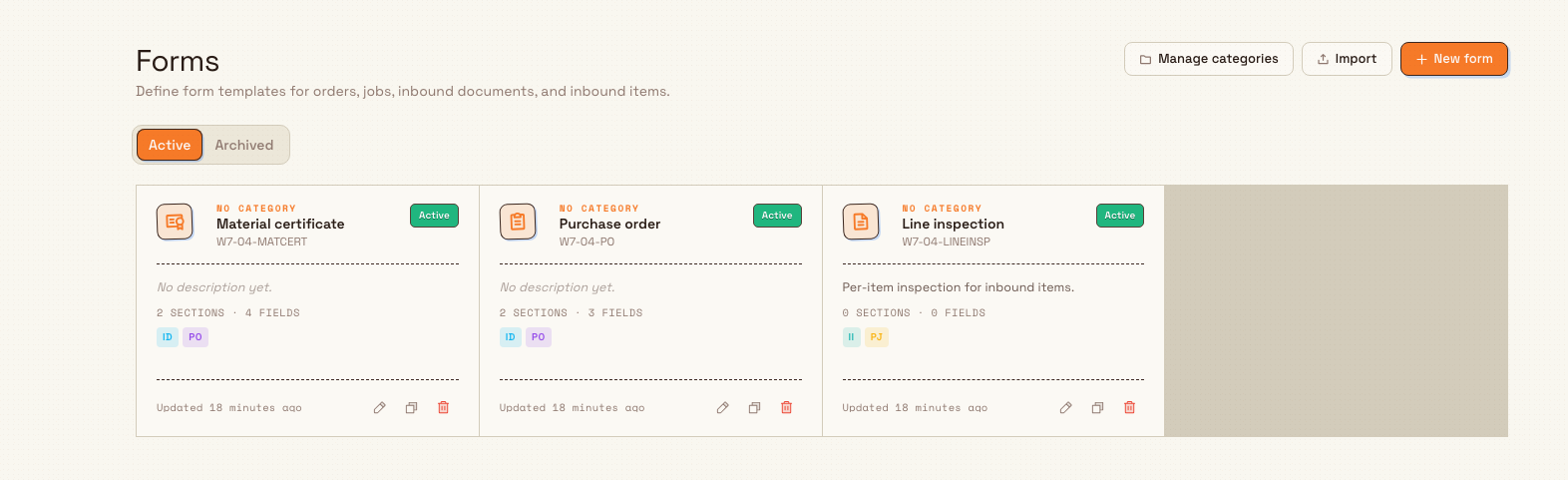The Forms settings page showing Active and Archived tabs and a grid of form template cards with names, codes, and scope badges.