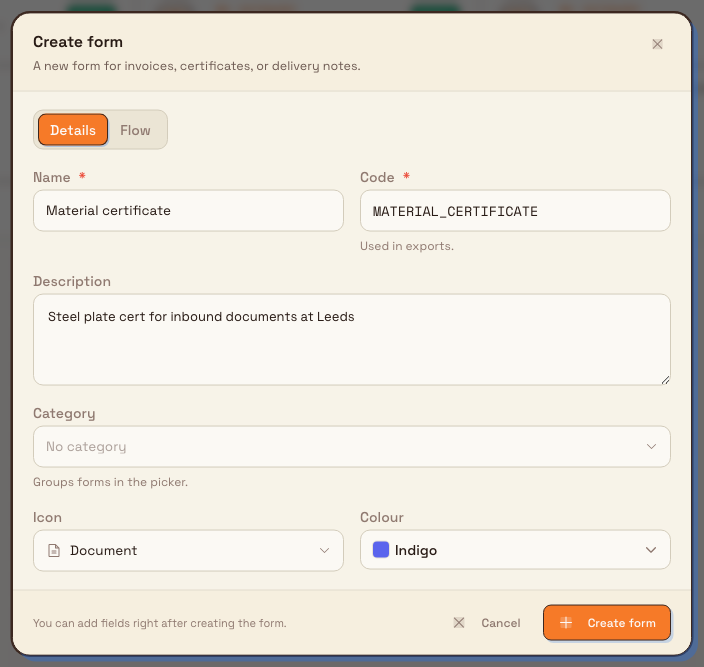 The Create form dialog on the Details tab with name, code, description, category, icon, and colour fields.
