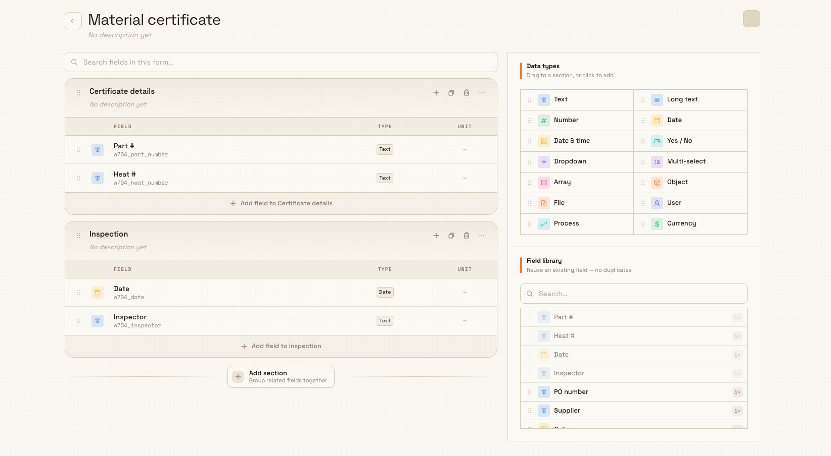 The form builder showing sections and fields on the left and the data-type palette and field library on the right.