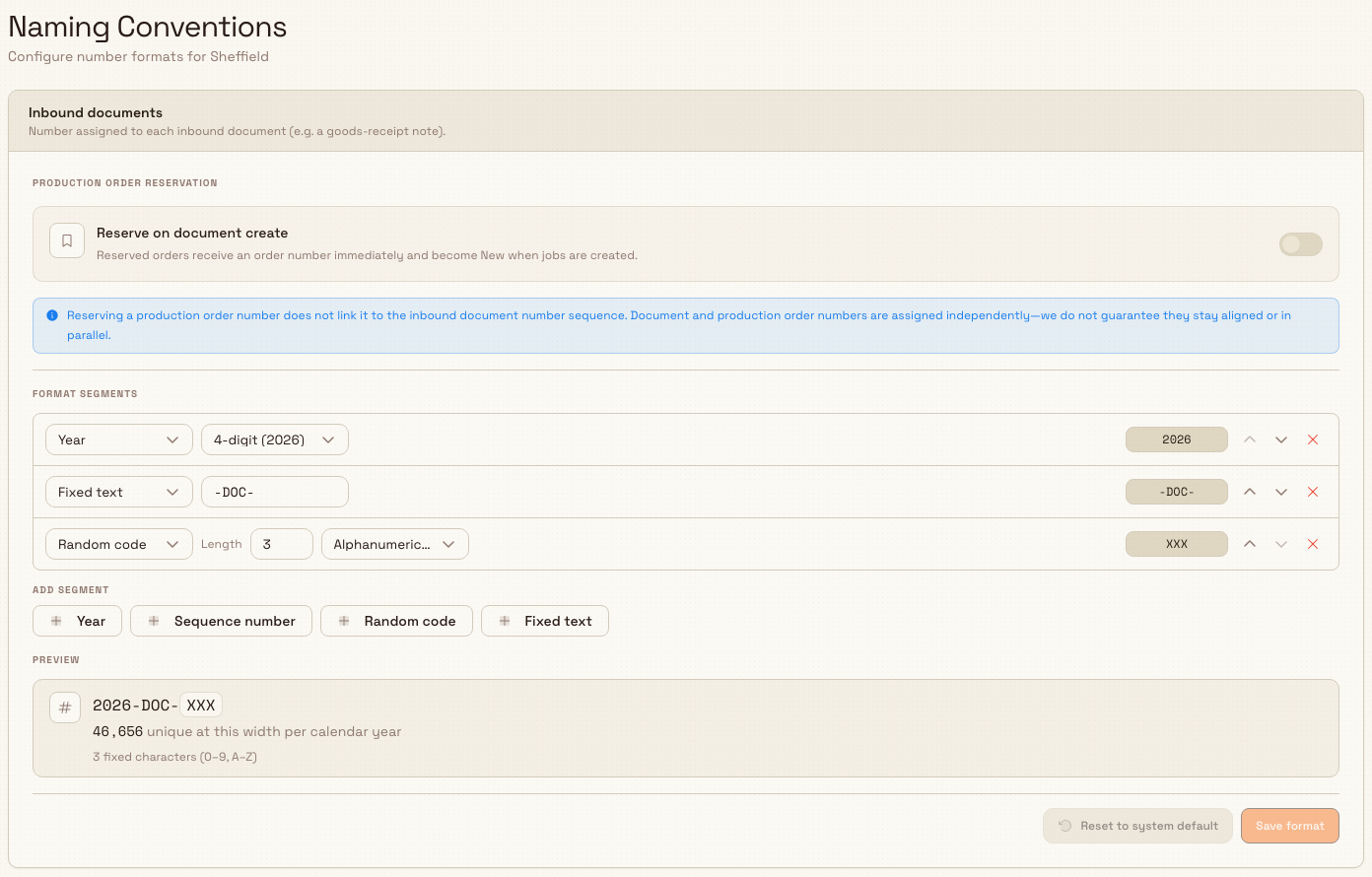 The Naming Conventions settings page showing stacked cards for each numbered record type with segment builders and live previews.