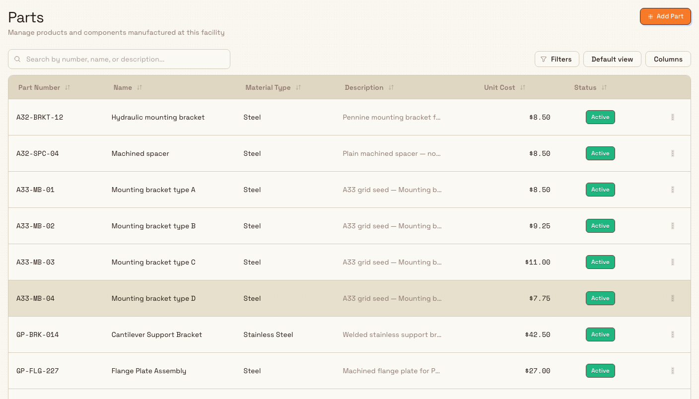 The Parts settings page showing a table of parts with part number, name, material type, description, unit cost, and status columns.