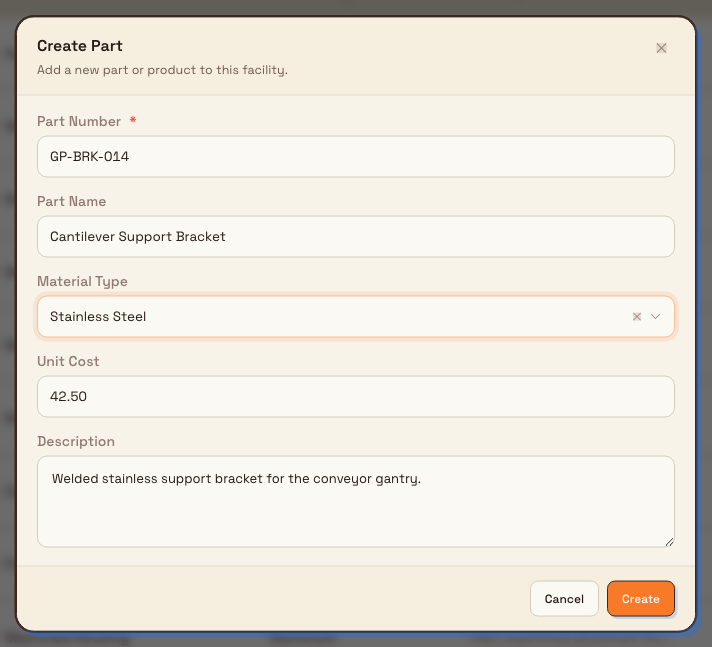 The Create Part dialog with part number, name, material type, unit cost, and description filled in.
