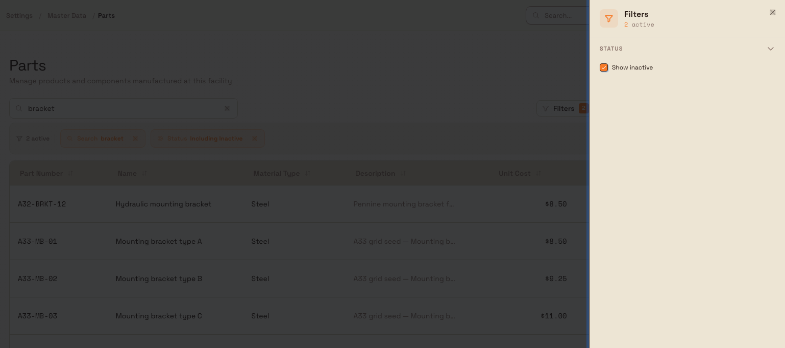 The Parts page with the Filters drawer open showing the Show inactive option and active-filter chips for search and status.