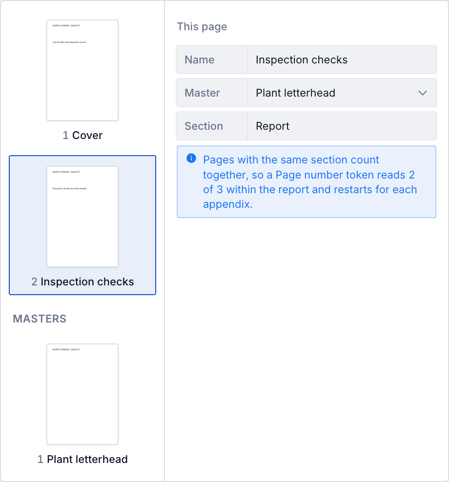 Native page rail shows Cover and Inspection checks pages with a shared Plant letterhead master. This page fields show the active name, chosen master and Report numbering section.
