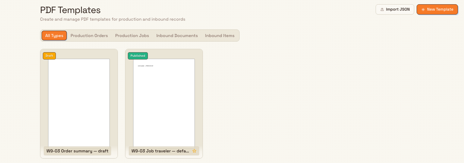The PDF Templates settings page showing type tabs and a grid of template thumbnail cards with Draft and Published badges.