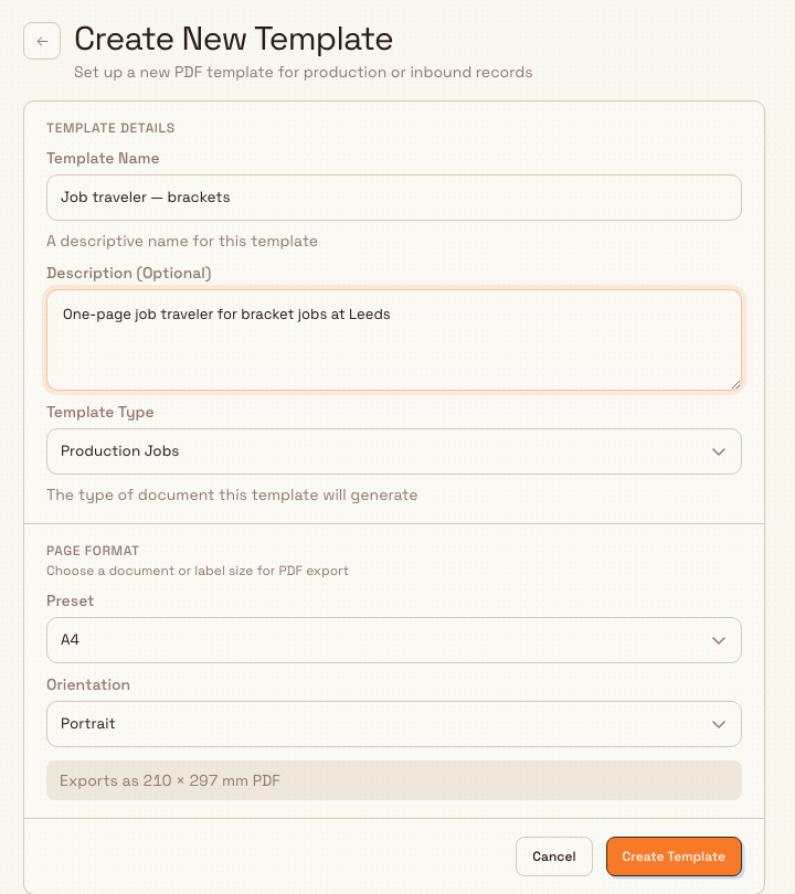 The Create New Template form with name, type, page preset, and orientation fields.