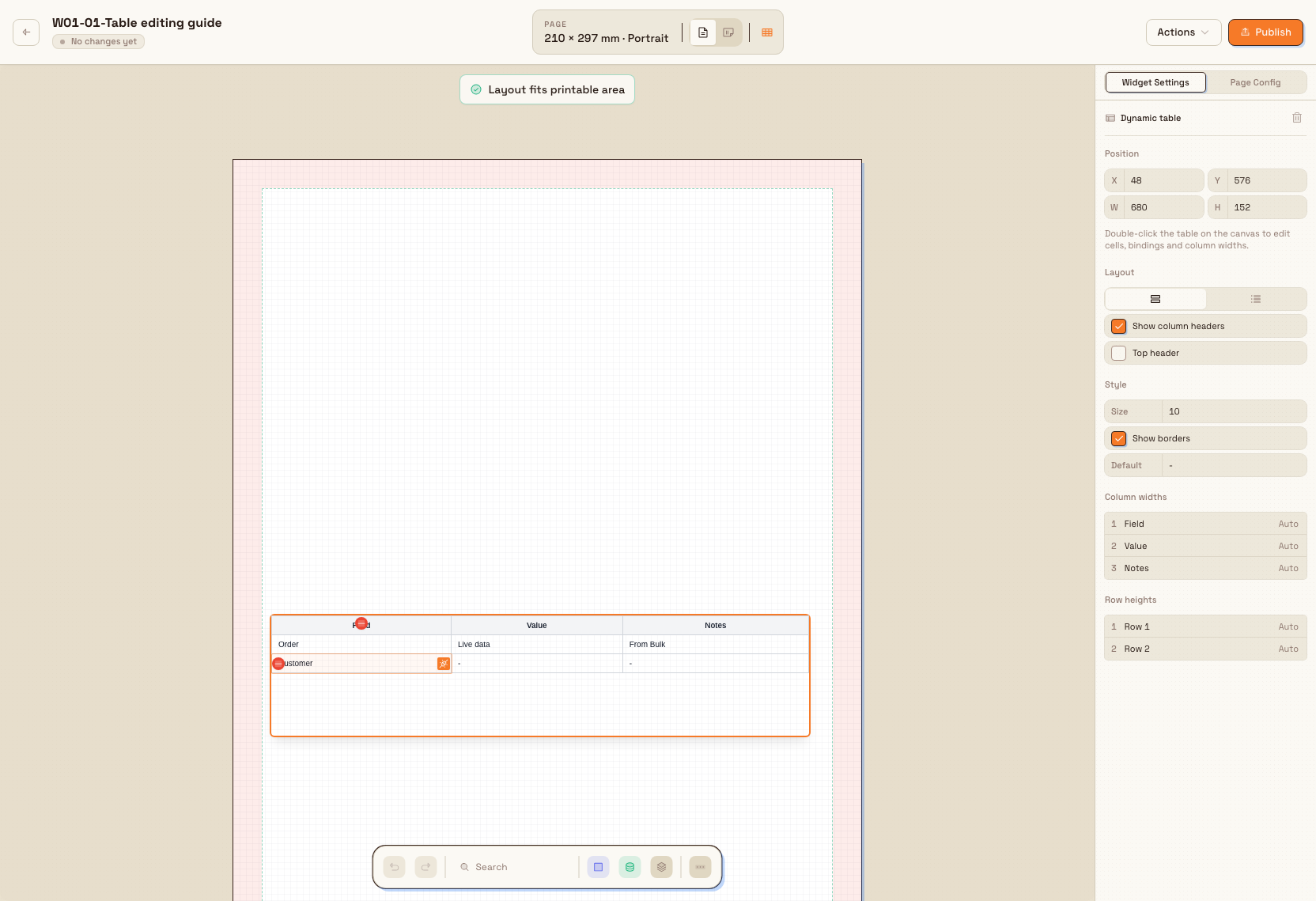 PDF template editor with a Dynamic Table in table-edit mode, showing binding and remove controls, the settings panel, and No changes yet status.
