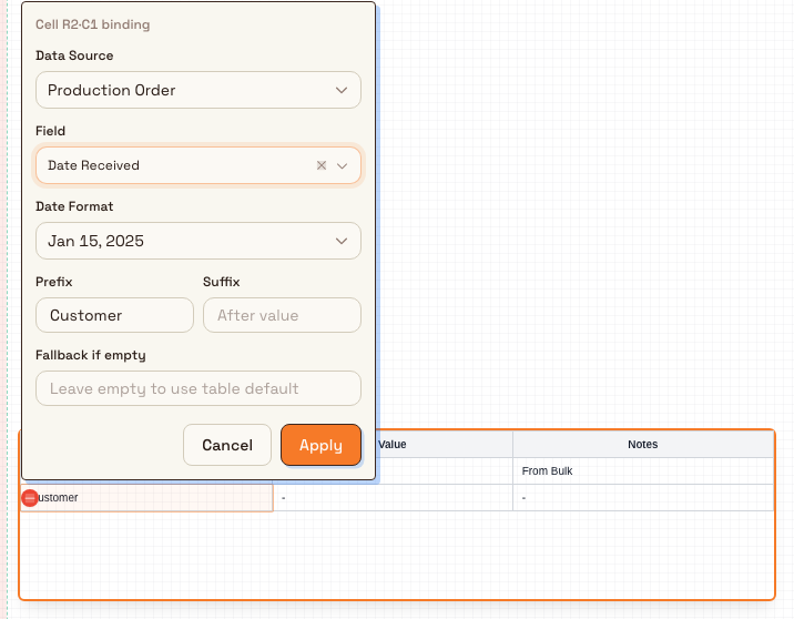 Dynamic Table binding form with Production Order, Date Received, date format, prefix, suffix, fallback, Cancel, and Apply controls.