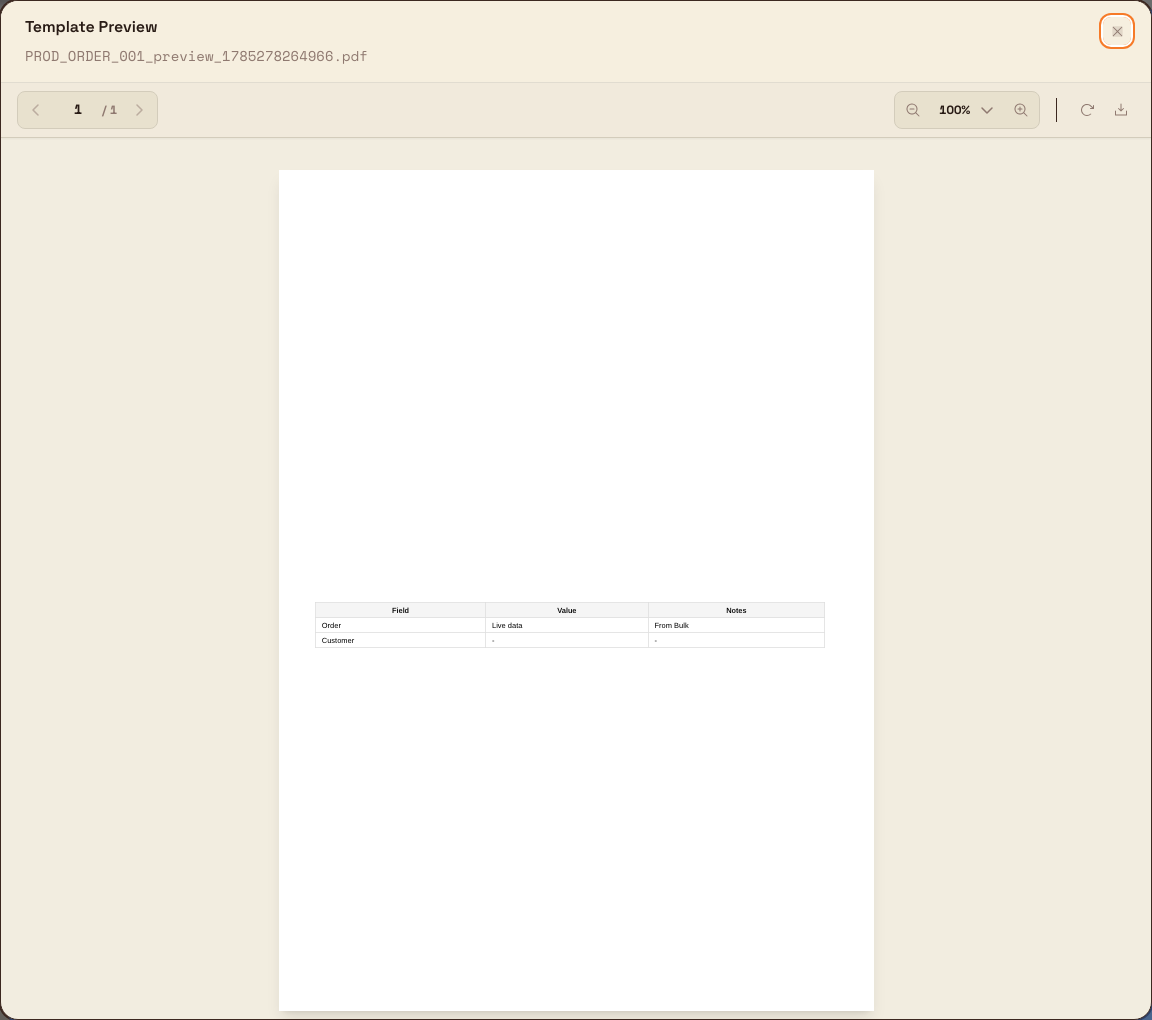 Template Preview dialog showing the rendered first page of a PDF with a three-column Dynamic Table.