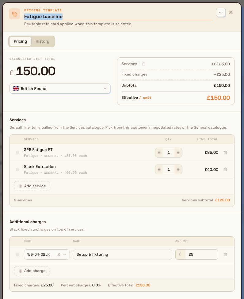 Pricing template editor showing the calculated unit total, bundled service line items, and a charges section.