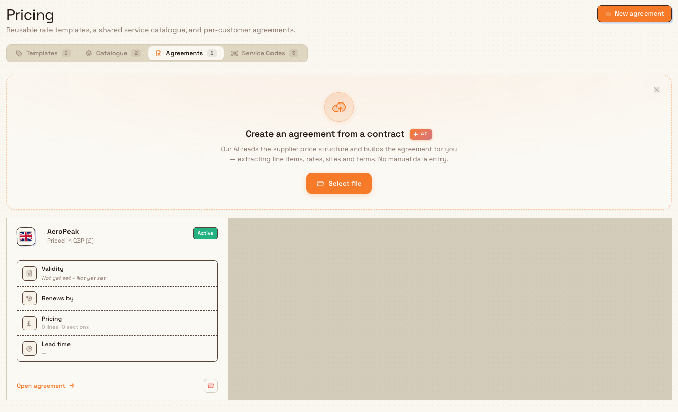 Agreements tab with an AI upload zone for a customer pricelist and a card for an existing agreement.