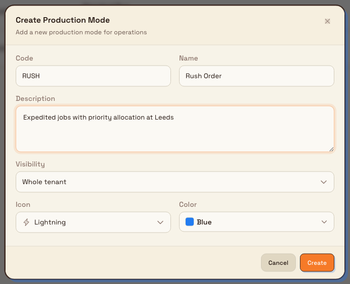 The Create Production Mode dialog with code, name, description, visibility, icon, and color fields.