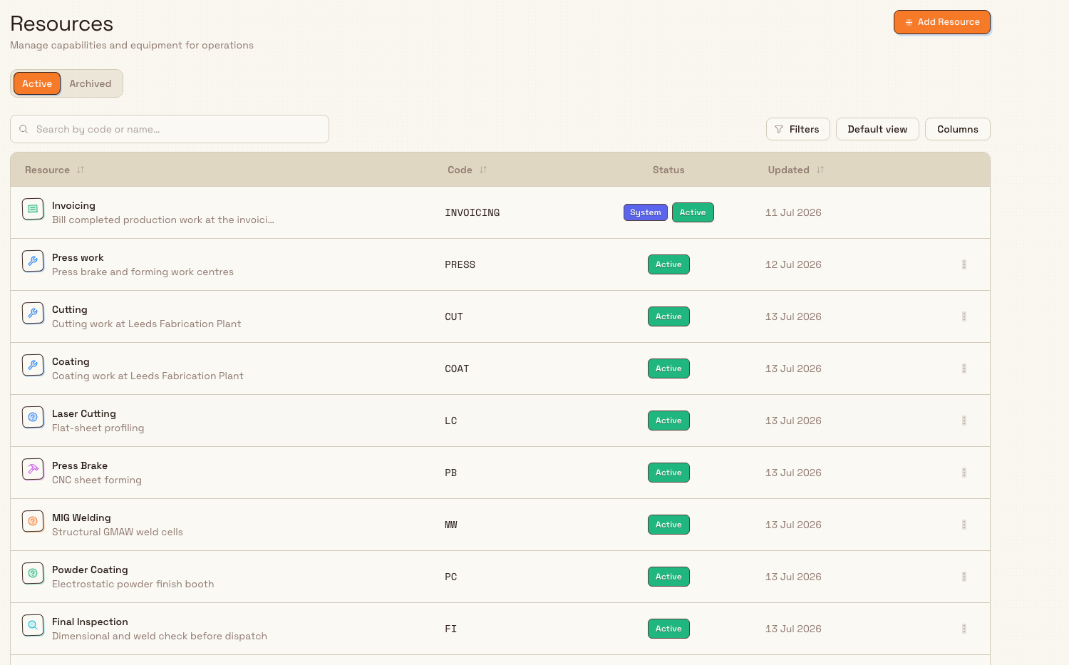 The Resources settings page showing a list of resources with icons, codes, status badges, and updated dates, with a system Invoicing resource pinned on top.