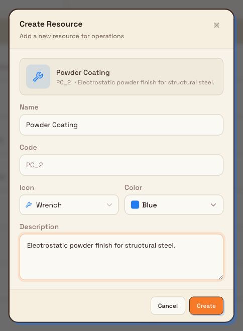 The Create Resource dialog with a preview chip, name, auto-generated code, kind selector, icon and color pickers, and a description field.